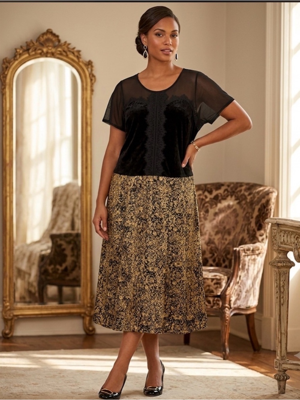 NY collection Velvet black w/ gold detail Sheer lace front dress XL.